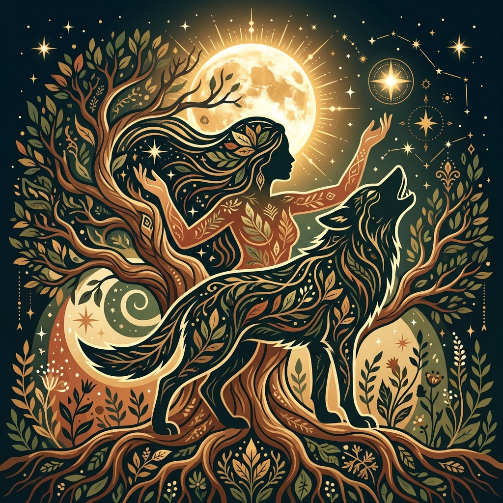 Ilustração artística representando a Mulher Selvagem e a loba sob o luar